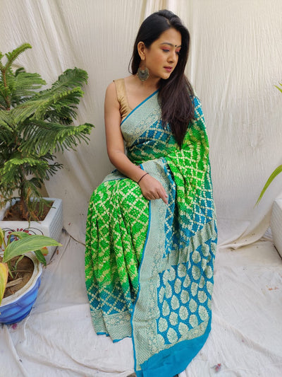 Zynah Khaddi Georgette Saree with Bandhani Prints, Antique Zari Weave; Custom Stitched/Ready-made Blouse, Fall, Petticoat; Shipping available USA, Worldwide