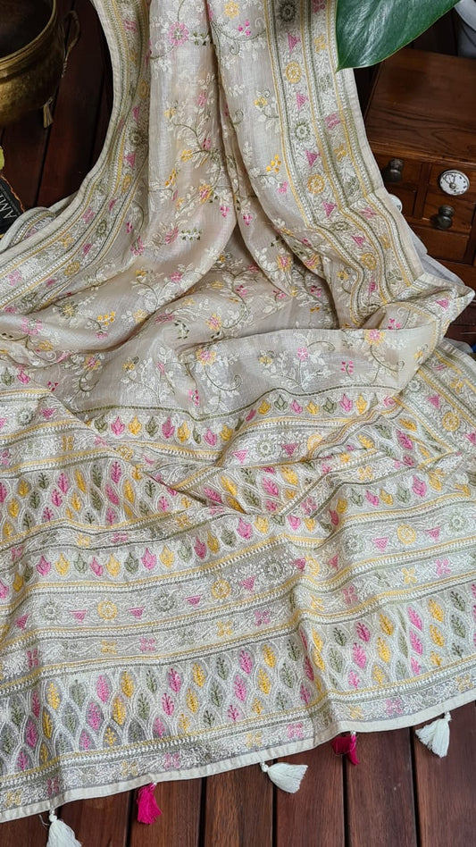 Zynah Feather-light Pure Kota Silk Saree with Chikankari Style Thread Embroidered; Custom Stitched/Ready-made Blouse, Fall, Petticoat; Shipping available USA, Worldwide