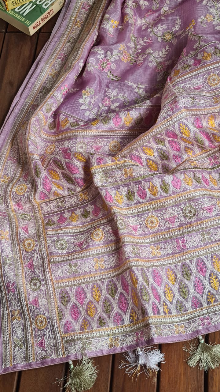Zynah Feather-light Pure Kota Silk Saree with Chikankari Style Thread Embroidered; Custom Stitched/Ready-made Blouse, Fall, Petticoat; Shipping available USA, Worldwide