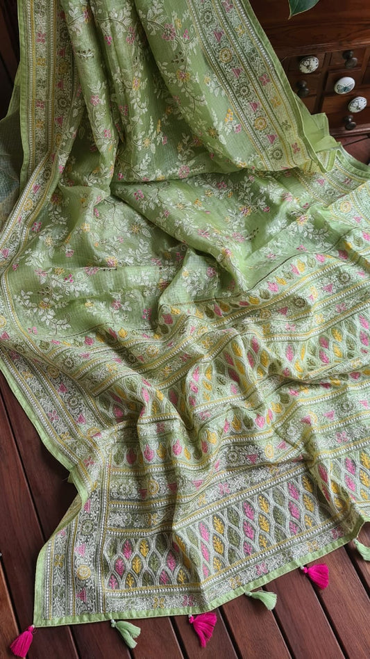 Zynah Feather-light Pure Kota Silk Saree with Chikankari Style Thread Embroidered; Custom Stitched/Ready-made Blouse, Fall, Petticoat; Shipping available USA, Worldwide