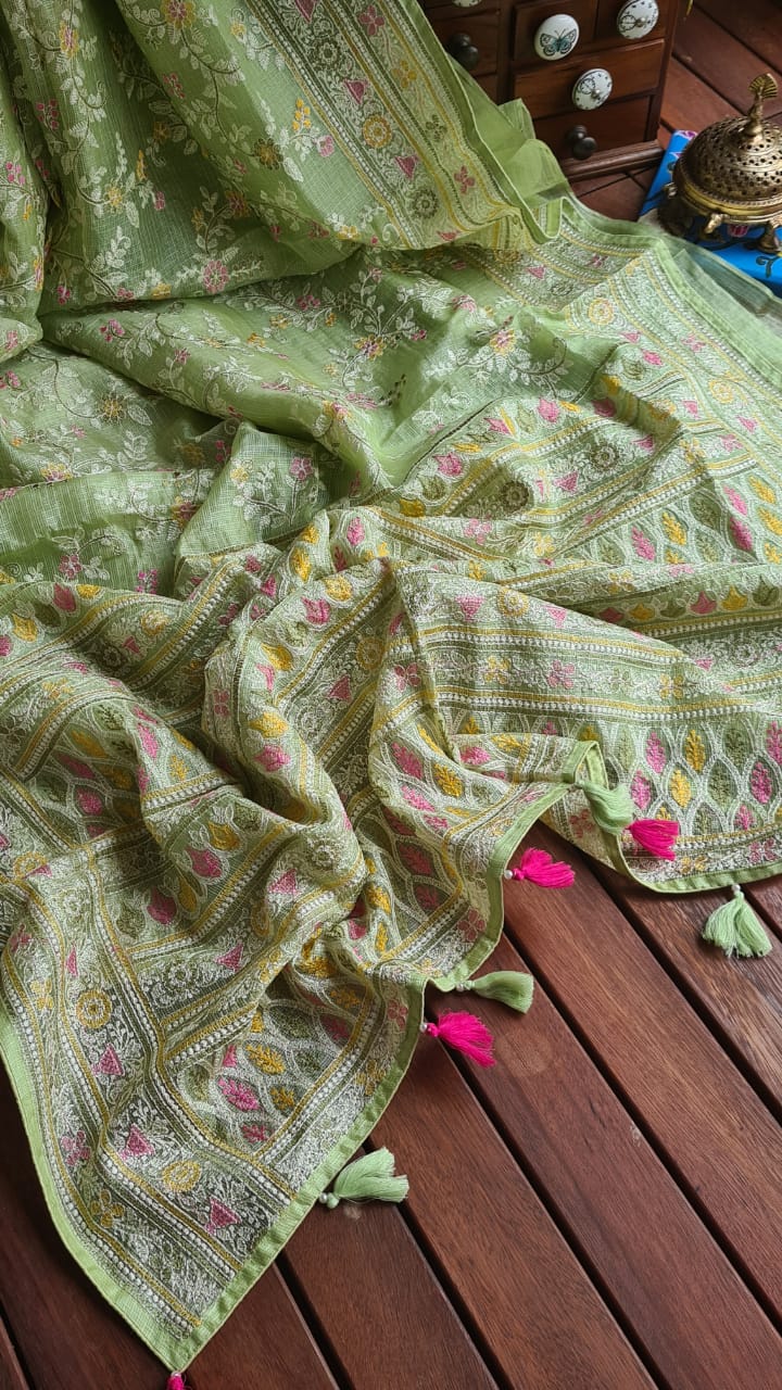 Zynah Feather-light Pure Kota Silk Saree with Chikankari Style Thread Embroidered; Custom Stitched/Ready-made Blouse, Fall, Petticoat; Shipping available USA, Worldwide