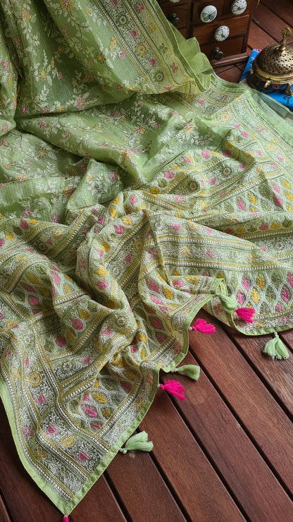 Zynah Feather-light Pure Kota Silk Saree with Chikankari Style Thread Embroidered; Custom Stitched/Ready-made Blouse, Fall, Petticoat; Shipping available USA, Worldwide