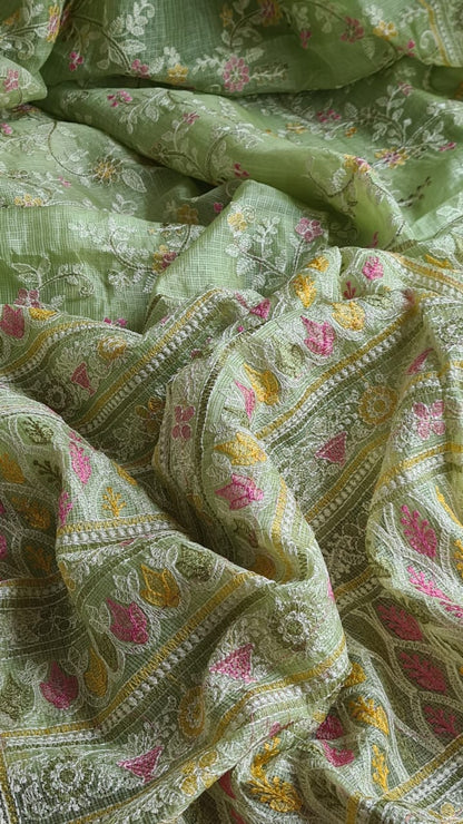 Zynah Feather-light Pure Kota Silk Saree with Chikankari Style Thread Embroidered; Custom Stitched/Ready-made Blouse, Fall, Petticoat; Shipping available USA, Worldwide