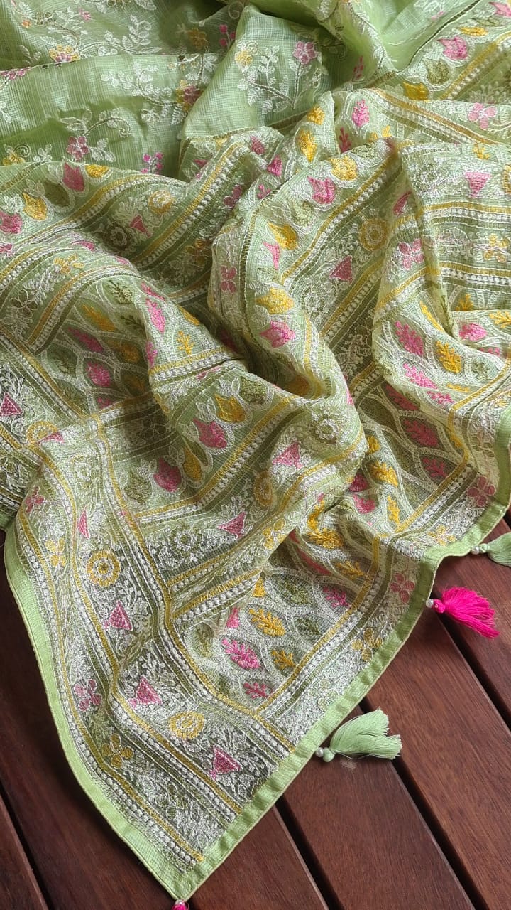 Zynah Feather-light Pure Kota Silk Saree with Chikankari Style Thread Embroidered; Custom Stitched/Ready-made Blouse, Fall, Petticoat; Shipping available USA, Worldwide