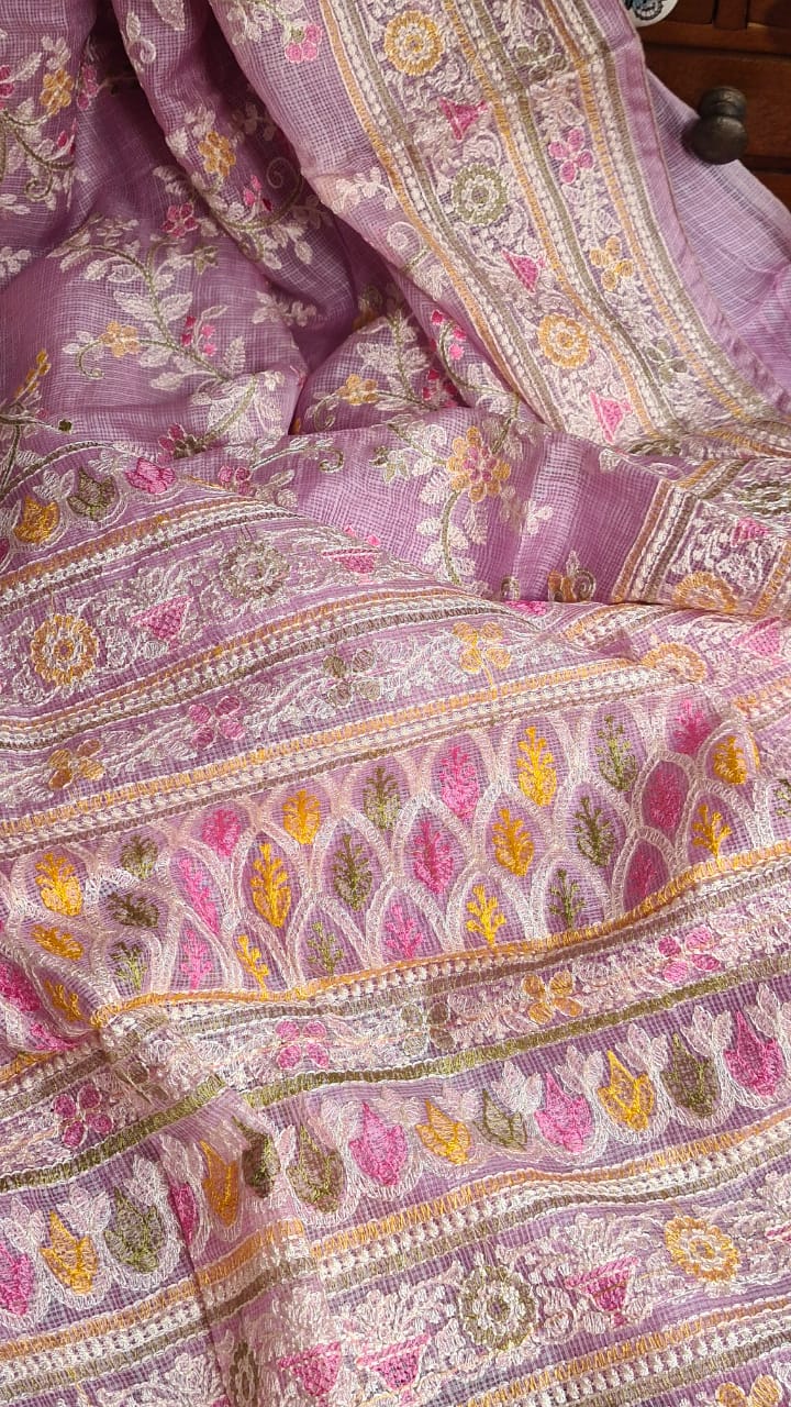 Zynah Feather-light Pure Kota Silk Saree with Chikankari Style Thread Embroidered; Custom Stitched/Ready-made Blouse, Fall, Petticoat; Shipping available USA, Worldwide