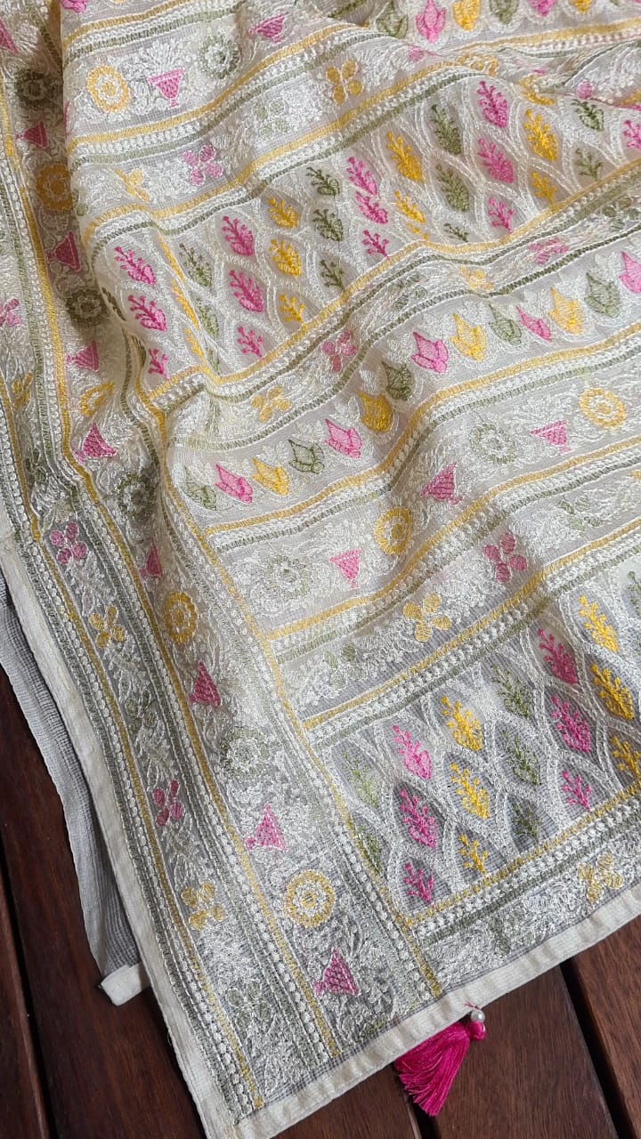 Zynah Feather-light Pure Kota Silk Saree with Chikankari Style Thread Embroidered; Custom Stitched/Ready-made Blouse, Fall, Petticoat; Shipping available USA, Worldwide