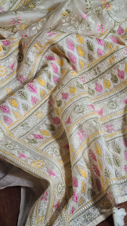 Zynah Feather-light Pure Kota Silk Saree with Chikankari Style Thread Embroidered; Custom Stitched/Ready-made Blouse, Fall, Petticoat; Shipping available USA, Worldwide