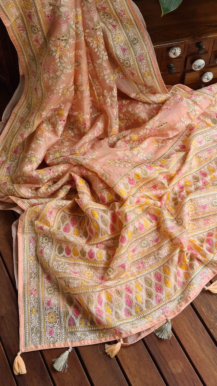 Zynah Feather-light Pure Kota Silk Saree with Chikankari Style Thread Embroidered; Custom Stitched/Ready-made Blouse, Fall, Petticoat; Shipping available USA, Worldwide