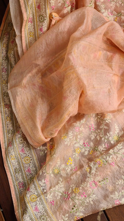 Zynah Feather-light Pure Kota Silk Saree with Chikankari Style Thread Embroidered; Custom Stitched/Ready-made Blouse, Fall, Petticoat; Shipping available USA, Worldwide