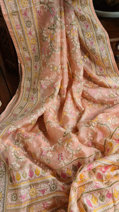Zynah Feather-light Pure Kota Silk Saree with Chikankari Style Thread Embroidered; Custom Stitched/Ready-made Blouse, Fall, Petticoat; Shipping available USA, Worldwide