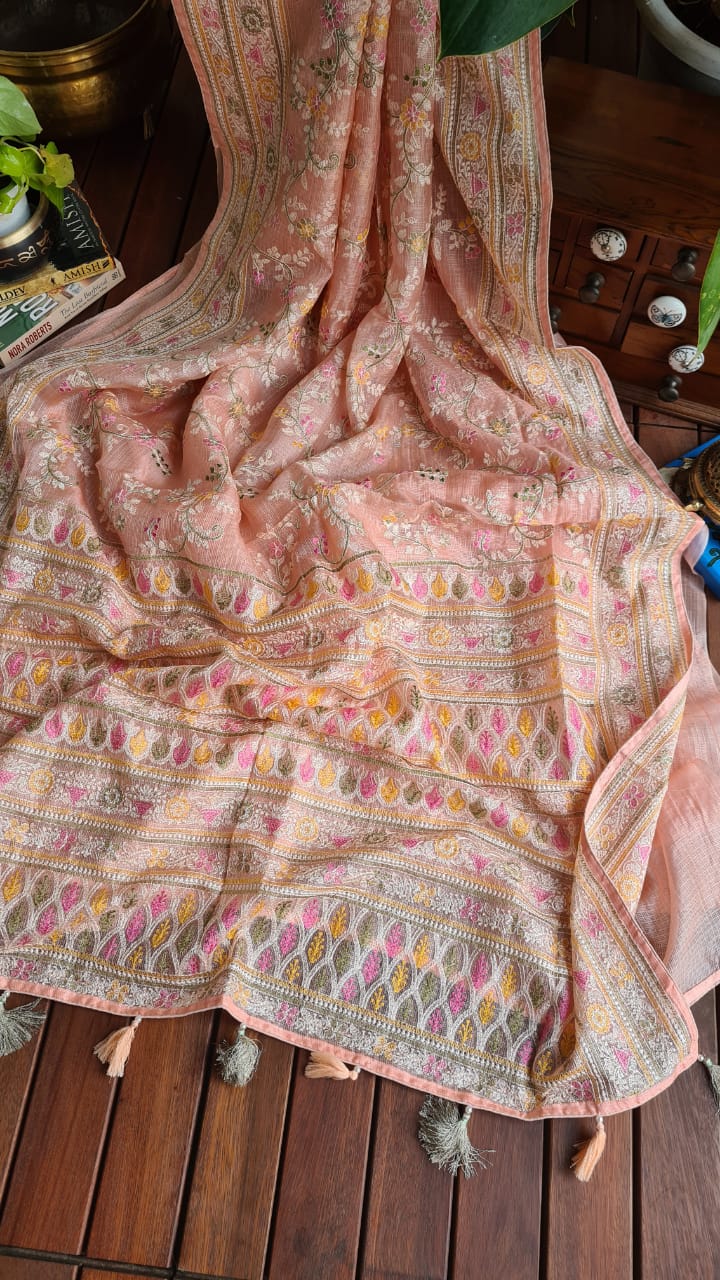Zynah Feather-light Pure Kota Silk Saree with Chikankari Style Thread Embroidered; Custom Stitched/Ready-made Blouse, Fall, Petticoat; Shipping available USA, Worldwide
