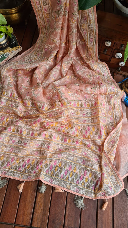 Zynah Feather-light Pure Kota Silk Saree with Chikankari Style Thread Embroidered; Custom Stitched/Ready-made Blouse, Fall, Petticoat; Shipping available USA, Worldwide