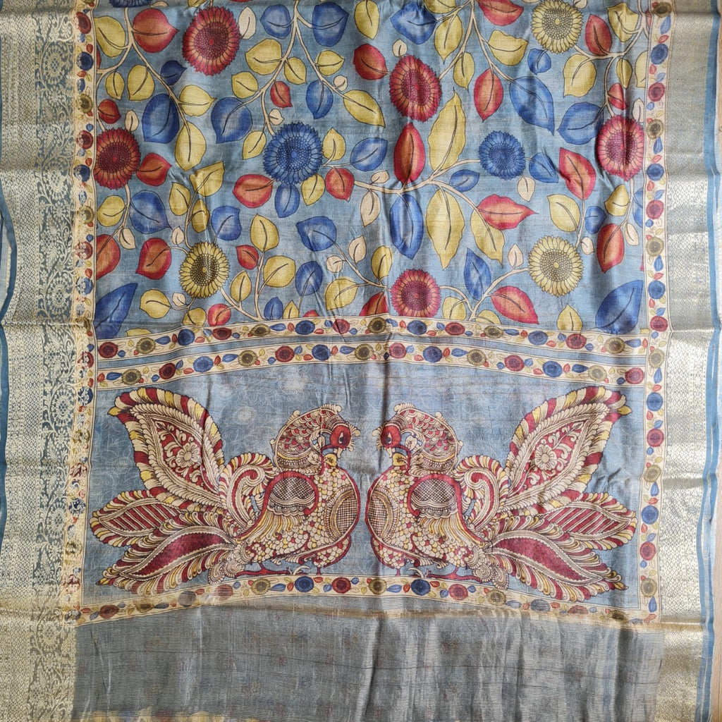 Zynah Pure Tussar Silk Saree with Kalamkari Prints, Banarasi Border; Custom Stitched/Ready-made Blouse, Fall, Petticoat; Shipping available USA, Worldwide