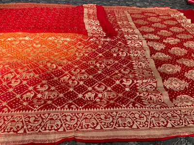 Zynah Khaddi Georgette Saree wiih Bandhani prints, Pure Zari Weave; Custom Stitched/Ready-made Blouse, Fall, Petticoat; Shipping available USA, Worldwide