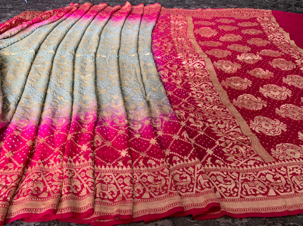 Zynah Khaddi Georgette Saree wiih Bandhani prints, Pure Zari Weave; Custom Stitched/Ready-made Blouse, Fall, Petticoat; Shipping available USA, Worldwide