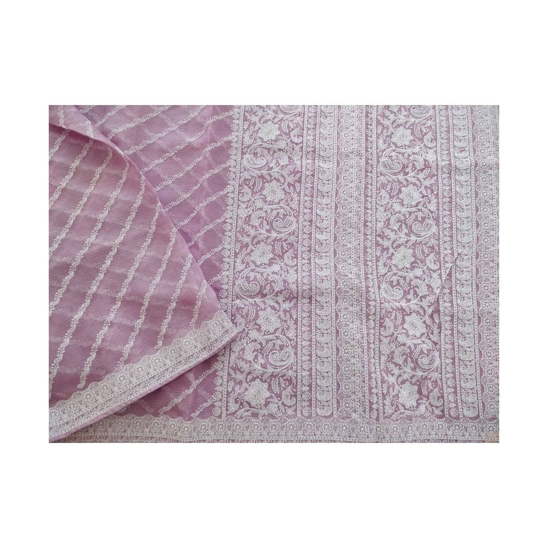 Zynah Pure Tussar Kota Silk Lehriya Style Saree with Chikankari Embroidery; Custom Stitched/Ready-made Blouse, Fall, Petticoat; Shipping available USA, Worldwide