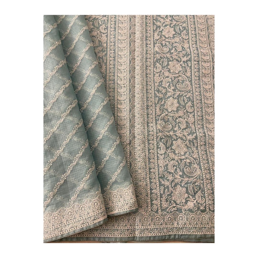 Zynah Pure Tussar Kota Silk Lehriya Style Saree with Chikankari Embroidery; Custom Stitched/Ready-made Blouse, Fall, Petticoat; Shipping available USA, Worldwide