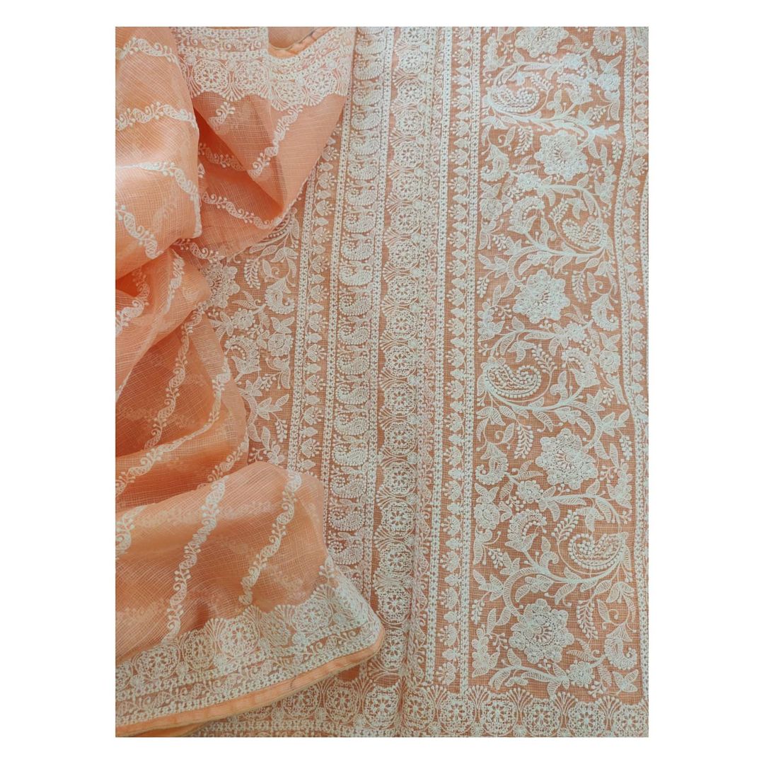 Zynah Pure Tussar Kota Silk Lehriya Style Saree with Chikankari Embroidery; Custom Stitched/Ready-made Blouse, Fall, Petticoat; Shipping available USA, Worldwide