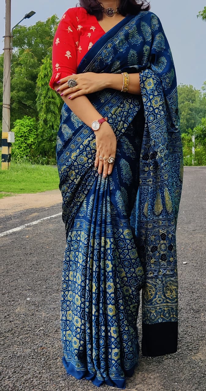 Zynah Pure Modal Silk Ajrakh Saree with Handblock Prints; Custom Stitched/Ready-made Blouse, Fall, Petticoat; Shipping available USA, Worldwide