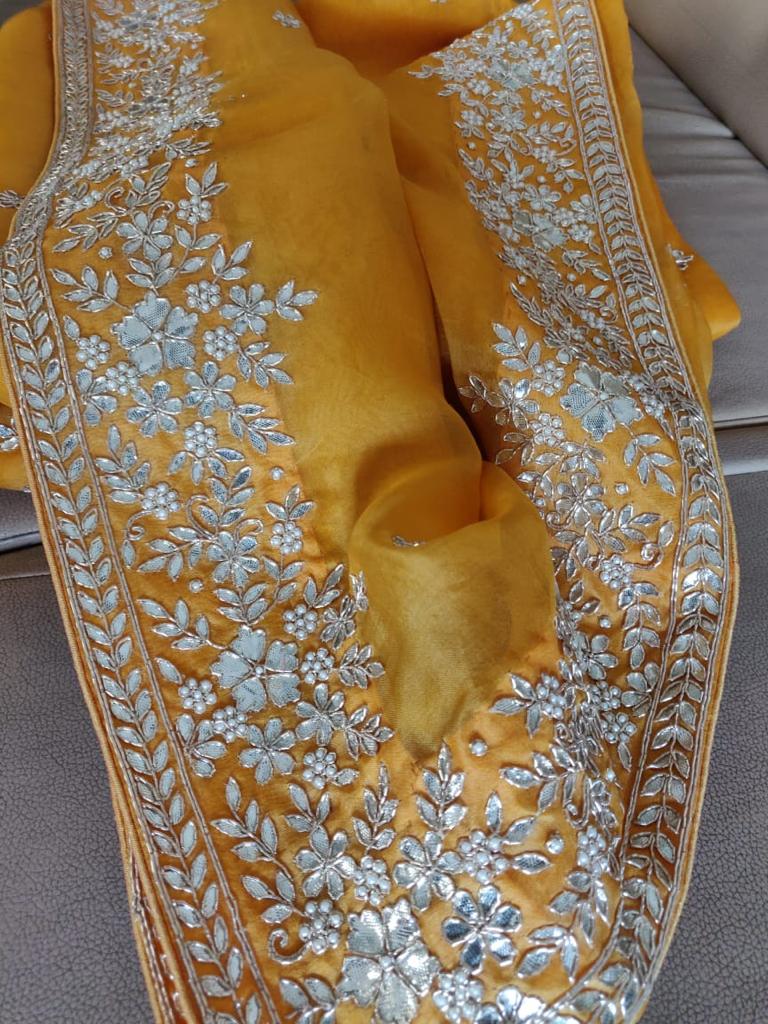 Zynah Organza saree with Gotapatti, Zardosi, Sequence & Cut-work Embroidery; Custom Stitched/Ready-made Blouse, Fall, Petticoat; Shipping available USA, Worldwide