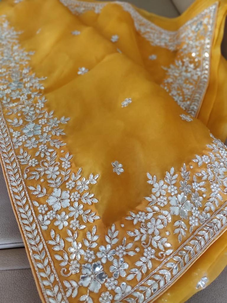 Zynah Organza saree with Gotapatti, Zardosi, Sequence & Cut-work Embroidery; Custom Stitched/Ready-made Blouse, Fall, Petticoat; Shipping available USA, Worldwide