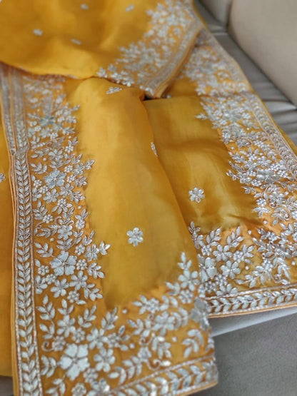 Zynah Organza saree with Gotapatti, Zardosi, Sequence & Cut-work Embroidery; Custom Stitched/Ready-made Blouse, Fall, Petticoat; Shipping available USA, Worldwide