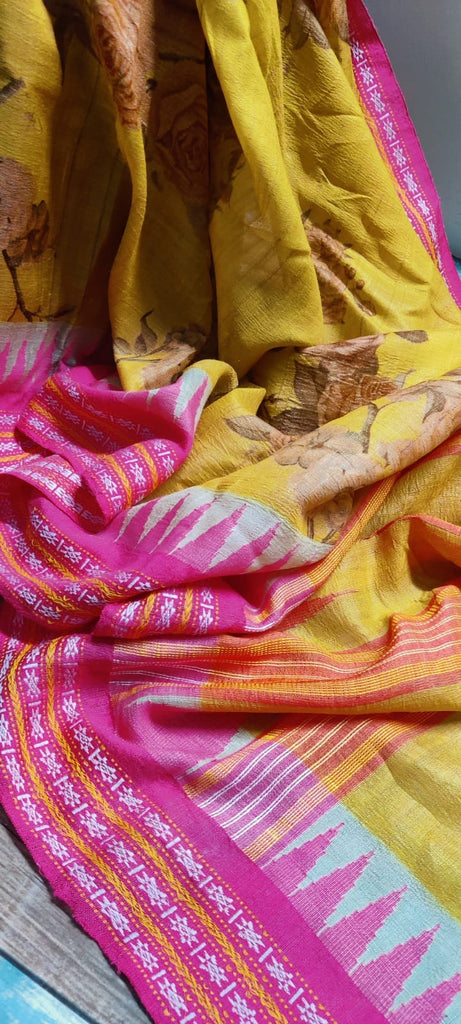 Zynah Handwoven Pure Vidarbha Tussar Silk Saree with Patan Patola Print Border; Custom Stitched/Ready-made Blouse, Fall, Petticoat; Shipping available USA, Worldwide
