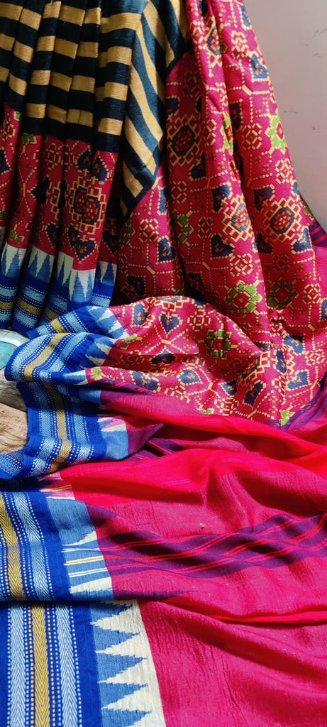 Zynah Handwoven Pure Vidarbha Tussar Silk Saree with Patan Patola Print Border; Custom Stitched/Ready-made Blouse, Fall, Petticoat; Shipping available USA, Worldwide