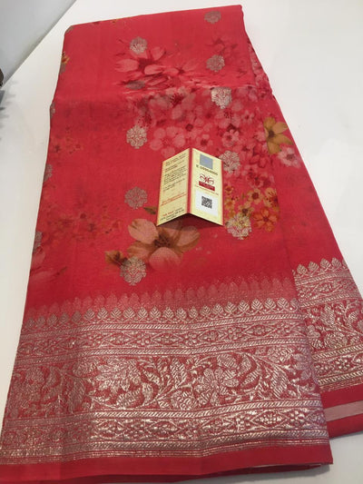 Zynah Pure Khaddi Chiffon Saree with Floral Prints & Silver Zari Weave; Custom Stitched/Ready-made Blouse, Fall, Petticoat; Shipping available USA, Worldwide