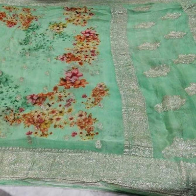 Zynah Pure Khaddi Chiffon Saree with Floral Prints & Silver Zari Weave; Custom Stitched/Ready-made Blouse, Fall, Petticoat; Shipping available USA, Worldwide