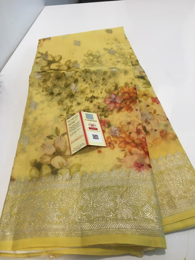 Zynah Pure Khaddi Chiffon Saree with Floral Prints & Silver Zari Weave; Custom Stitched/Ready-made Blouse, Fall, Petticoat; Shipping available USA, Worldwide