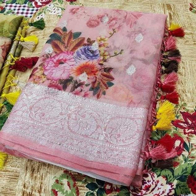 Zynah Pure Khaddi Chiffon Saree with Floral Prints & Silver Zari Weave; Custom Stitched/Ready-made Blouse, Fall, Petticoat; Shipping available USA, Worldwide