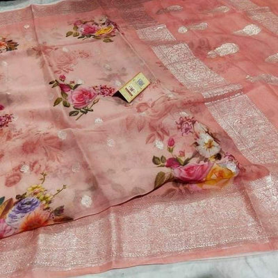 Zynah Pure Khaddi Chiffon Saree with Floral Prints & Silver Zari Weave; Custom Stitched/Ready-made Blouse, Fall, Petticoat; Shipping available USA, Worldwide