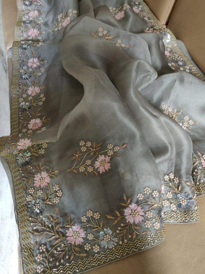 Zynah Organza Silk Saree with Pearls, Sequence, & Beads Work; Custom Stitched/Ready-made Blouse, Fall, Petticoat; Shipping available USA, Worldwide