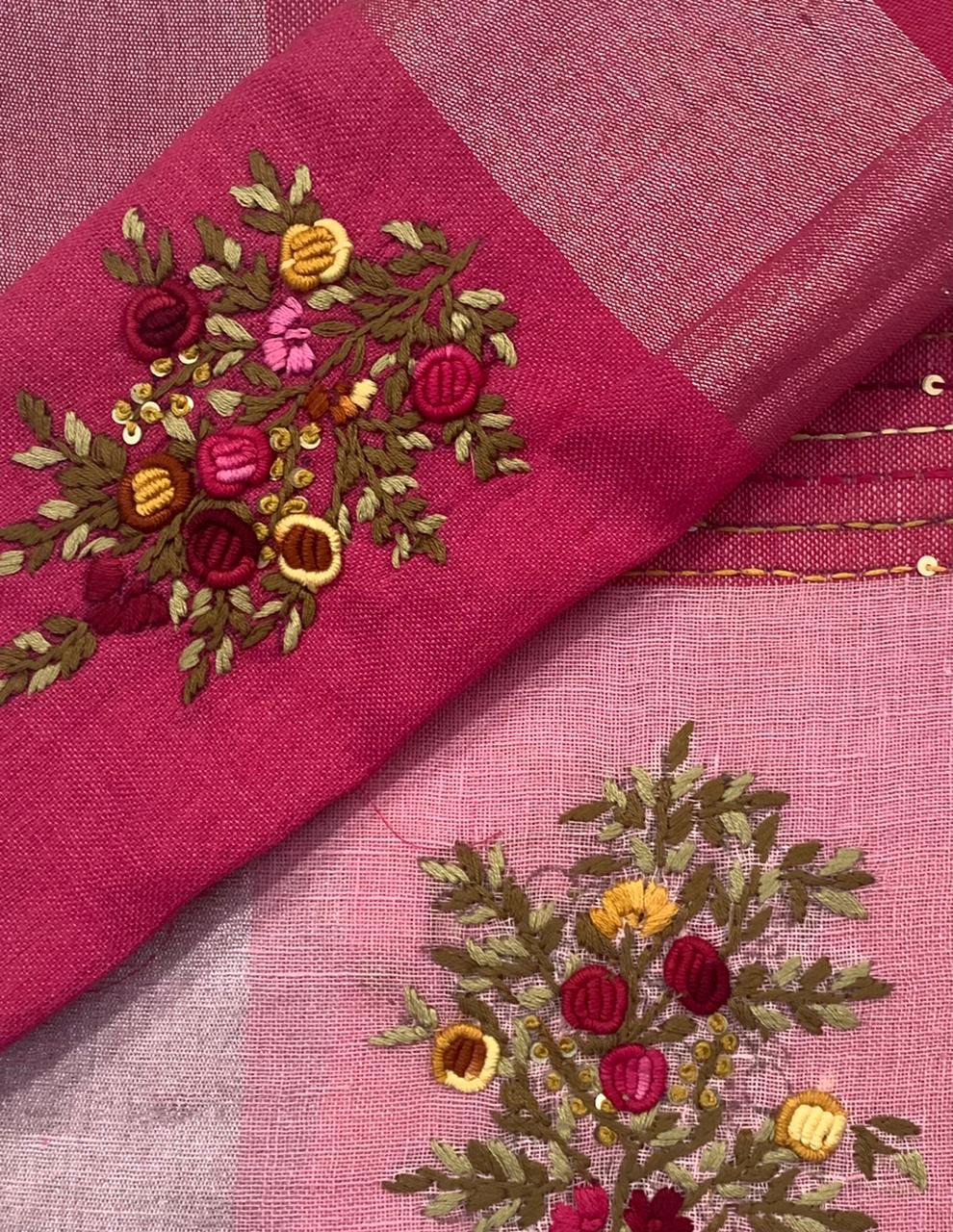 Zynah Pure Linen(120c) Handcrafted Saree with Hand Embroidery; Custom Stitched/Ready-made Blouse, Fall, Petticoat; Shipping available USA, Worldwide