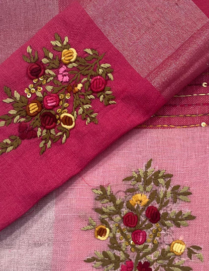 Zynah Pure Linen(120c) Handcrafted Saree with Hand Embroidery; Custom Stitched/Ready-made Blouse, Fall, Petticoat; Shipping available USA, Worldwide
