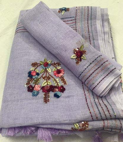 Zynah Pure Linen(120c) Handcrafted Saree with Hand Embroidery; Custom Stitched/Ready-made Blouse, Fall, Petticoat; Shipping available USA, Worldwide