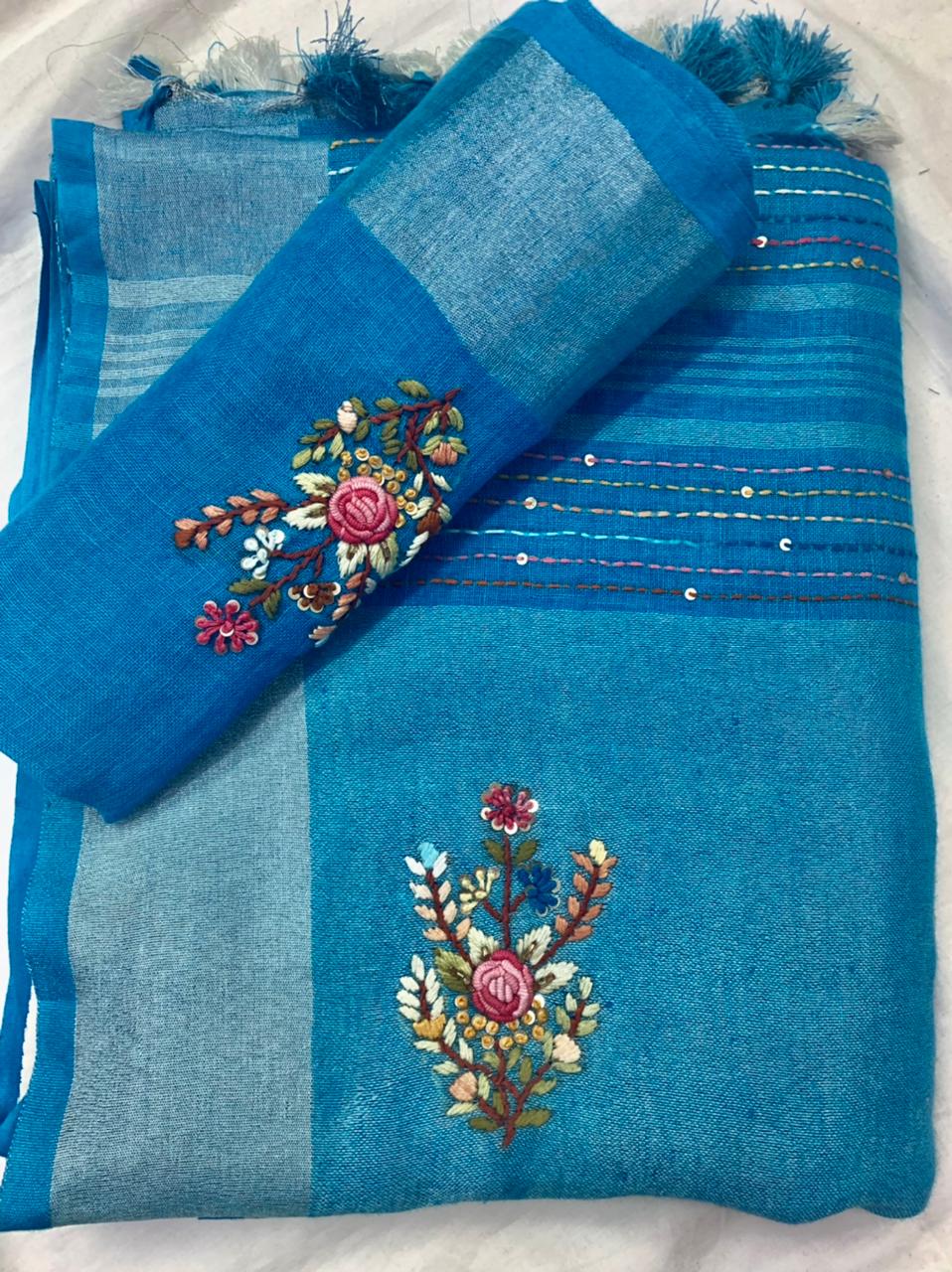 Zynah Pure Linen(120c) Handcrafted Saree with Hand Embroidery; Custom Stitched/Ready-made Blouse, Fall, Petticoat; Shipping available USA, Worldwide