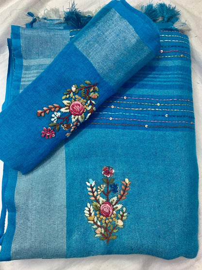 Zynah Pure Linen(120c) Handcrafted Saree with Hand Embroidery; Custom Stitched/Ready-made Blouse, Fall, Petticoat; Shipping available USA, Worldwide