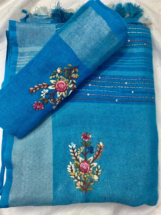 Zynah Pure Linen(120c) Handcrafted Saree with Hand Embroidery; Custom Stitched/Ready-made Blouse, Fall, Petticoat; Shipping available USA, Worldwide