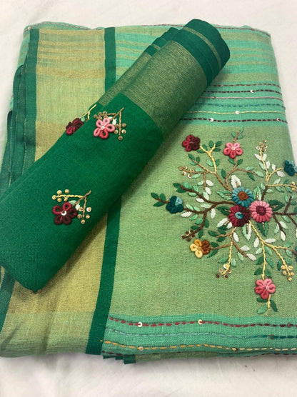 Zynah Pure Linen(120c) Handcrafted Saree with Hand Embroidery; Custom Stitched/Ready-made Blouse, Fall, Petticoat; Shipping available USA, Worldwide