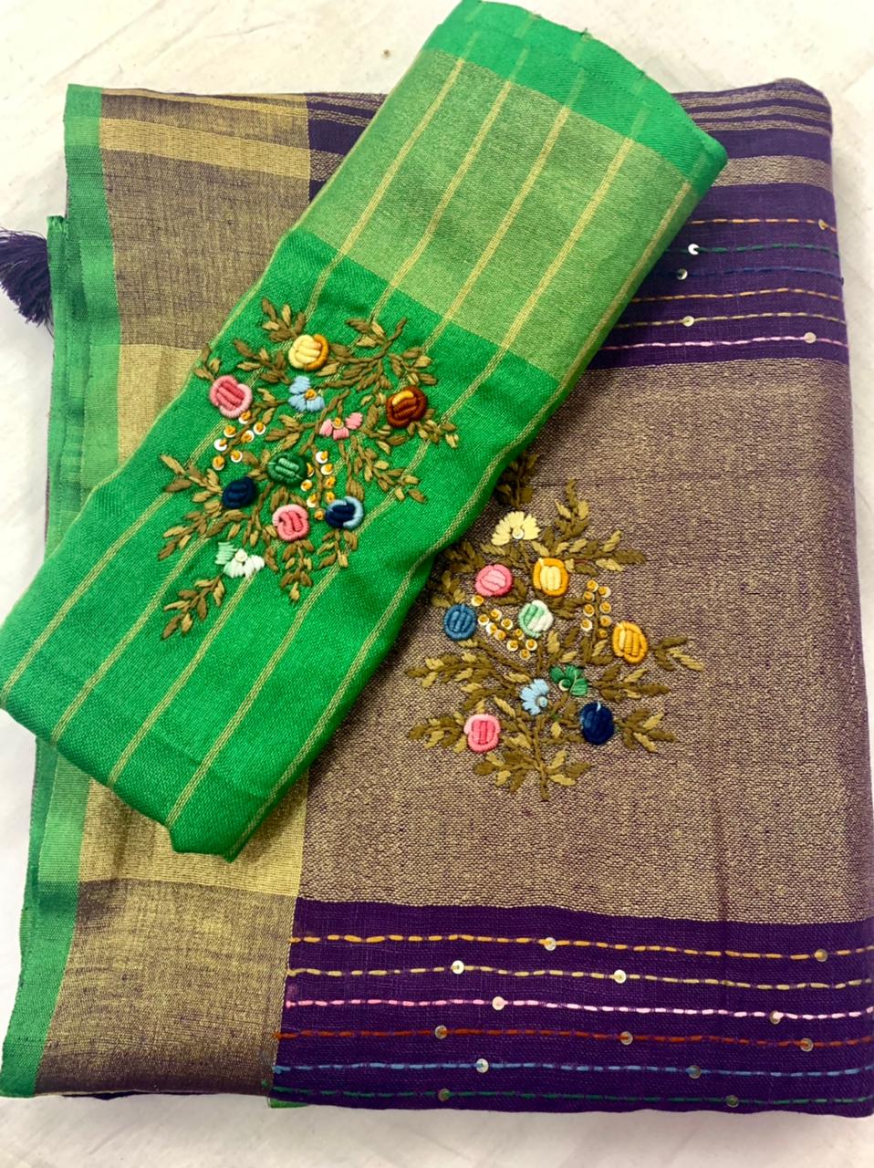 Zynah Pure Linen(120c) Handcrafted Saree with Hand Embroidery; Custom Stitched/Ready-made Blouse, Fall, Petticoat; Shipping available USA, Worldwide