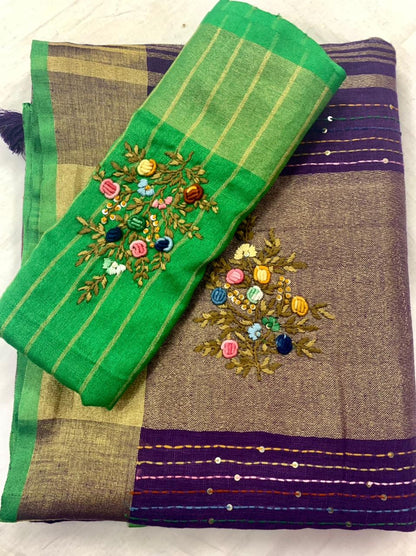 Zynah Pure Linen(120c) Handcrafted Saree with Hand Embroidery; Custom Stitched/Ready-made Blouse, Fall, Petticoat; Shipping available USA, Worldwide
