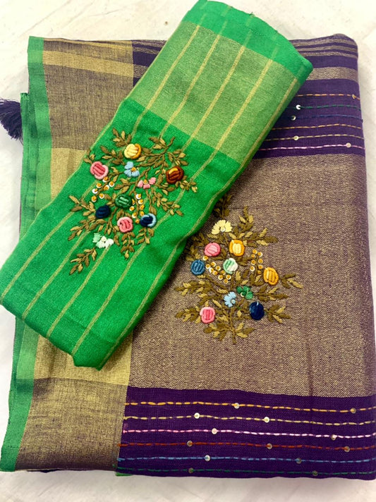 Zynah Pure Linen(120c) Handcrafted Saree with Hand Embroidery; Custom Stitched/Ready-made Blouse, Fall, Petticoat; Shipping available USA, Worldwide