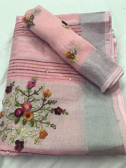 Zynah Pure Linen(120c) Handcrafted Saree with Hand Embroidery; Custom Stitched/Ready-made Blouse, Fall, Petticoat; Shipping available USA, Worldwide