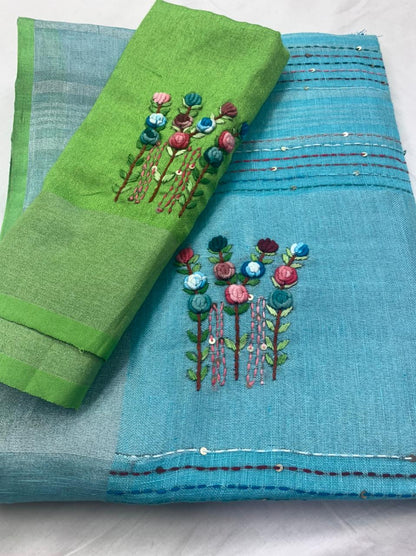 Zynah Pure Linen(120c) Handcrafted Saree with Hand Embroidery; Custom Stitched/Ready-made Blouse, Fall, Petticoat; Shipping available USA, Worldwide