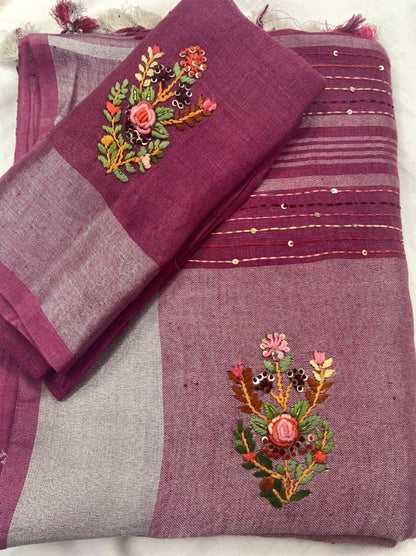 Zynah Pure Linen(120c) Handcrafted Saree with Hand Embroidery; Custom Stitched/Ready-made Blouse, Fall, Petticoat; Shipping available USA, Worldwide