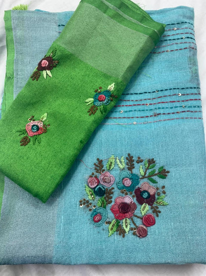 Zynah Pure Linen(120c) Handcrafted Saree with Hand Embroidery; Custom Stitched/Ready-made Blouse, Fall, Petticoat; Shipping available USA, Worldwide