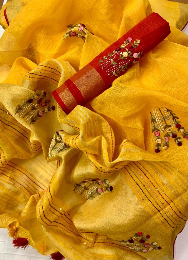 Zynah Pure Linen(120c) Handcrafted Saree with Hand Embroidery; Custom Stitched/Ready-made Blouse, Fall, Petticoat; Shipping available USA, Worldwide
