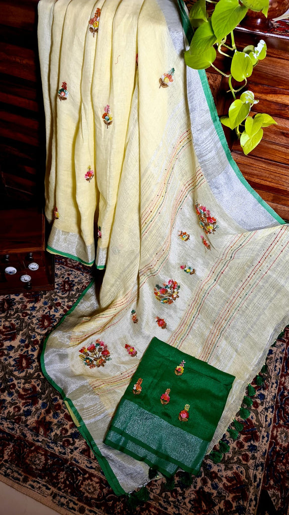 Zynah Pure Linen(120c) Handcrafted Saree with French Knot Hand Embroidery; Custom Stitched/Ready-made Blouse, Fall, Petticoat; Shipping available USA, Worldwide